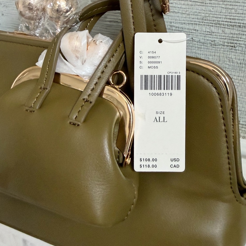 NWT new Anthropologie faux leather east west bag purse moss Green olive + mini - Picture 5 of 16